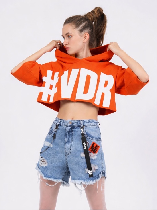 Viadel Tops - Viadel #VDH cropped pullover hoodie in orange with a white graphic print size S